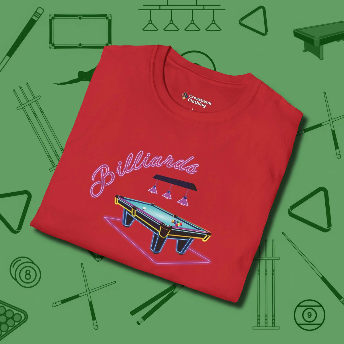 Neon Dream Billiards T-Shirt, folded view, in Red stitched for cue discipline and cool confidence