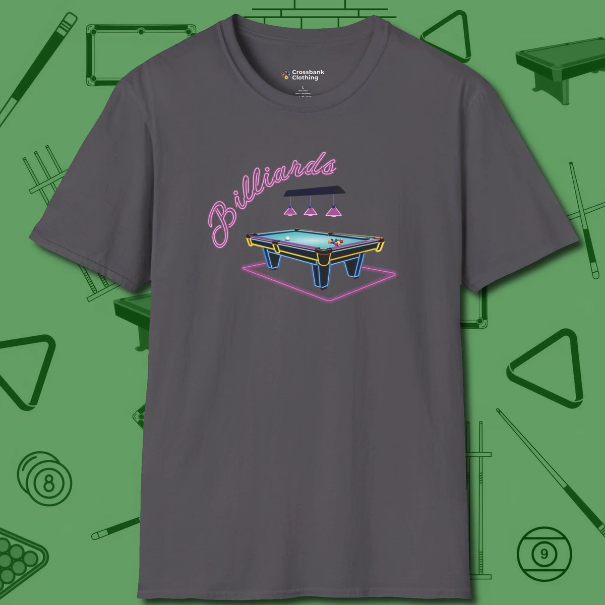 Neon Dream Billiards T-Shirt, front view, in Charcoal styled to dominate from rack to run-out