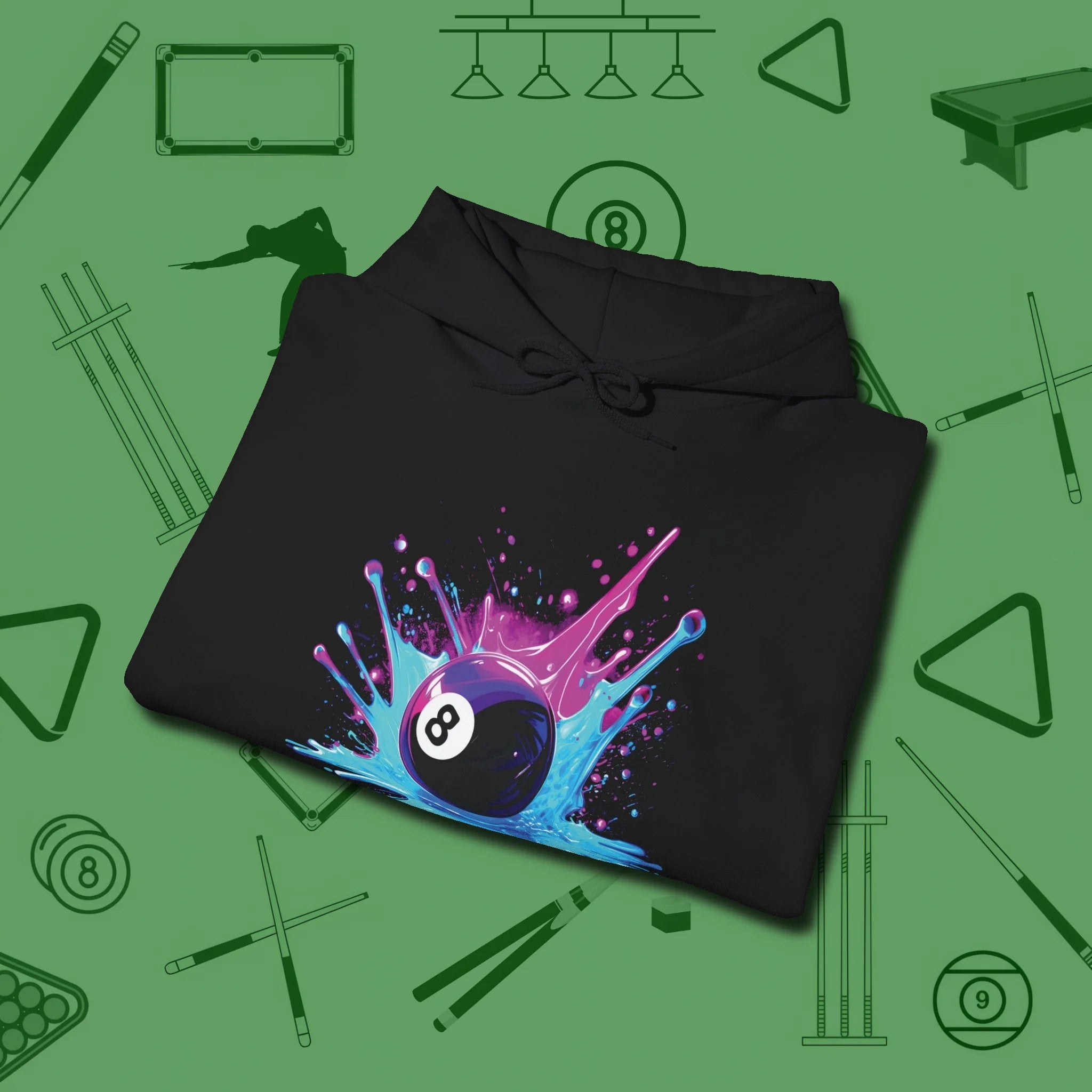 Neon Splash Eight Ball Hoodie, folded view, in Black precise, confident, always in control