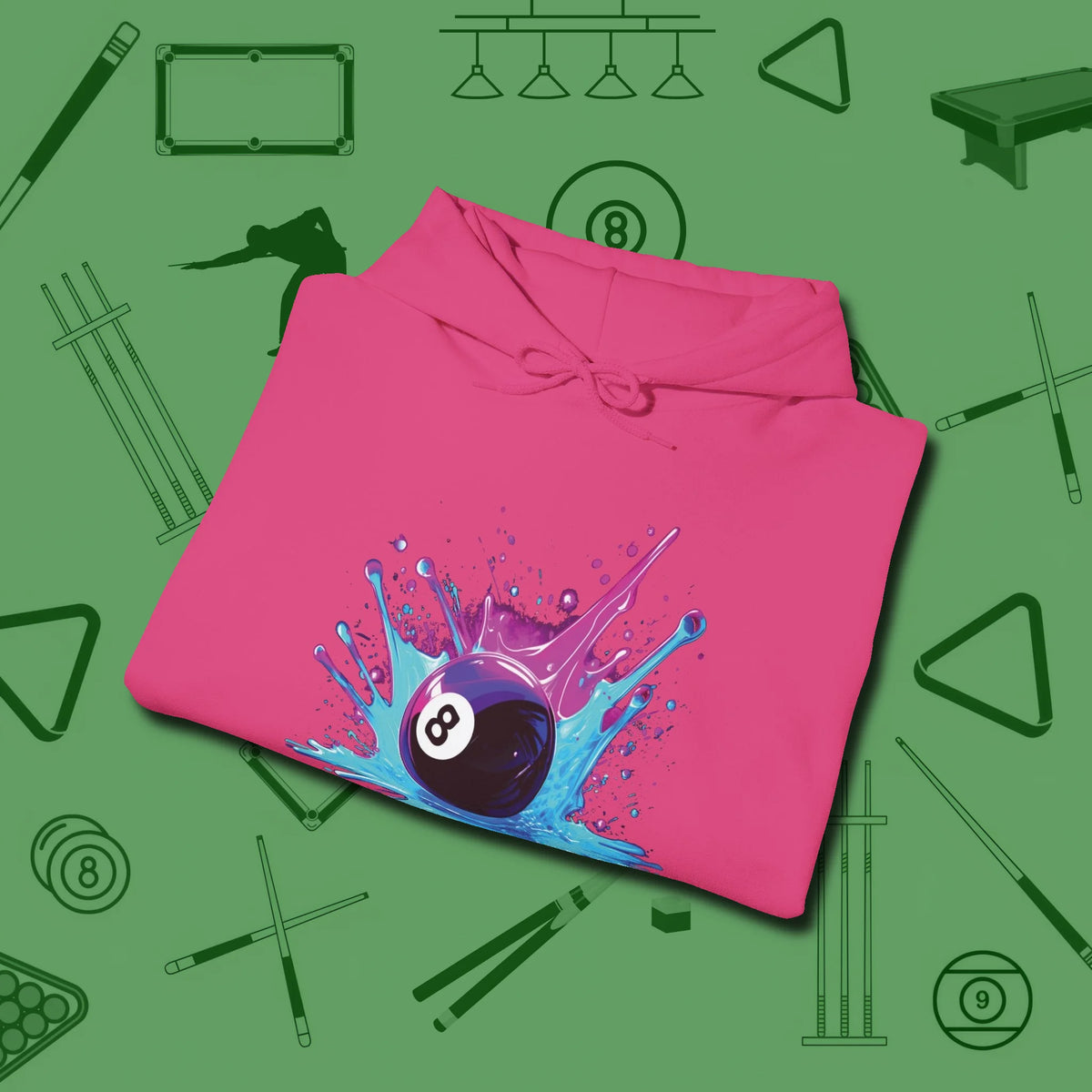 Neon Splash Eight Ball Hoodie, folded view, in Heliconia your go-to shirt for league night victories