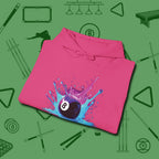 Neon Splash Eight Ball Hoodie, folded view, in Heliconia your go-to shirt for league night victories