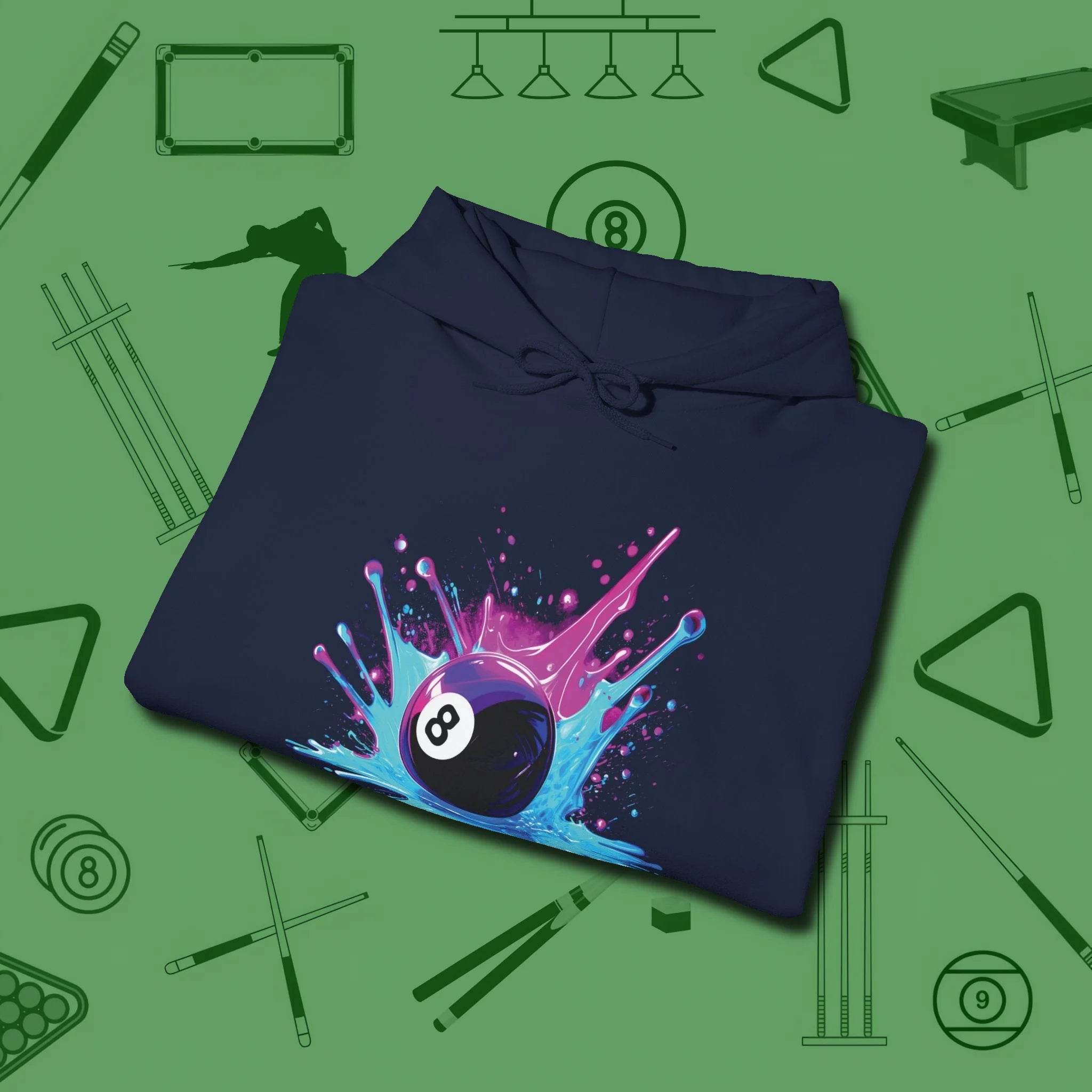Neon Splash Eight Ball Hoodie, folded view, in Navy made for pool sharks, not posers