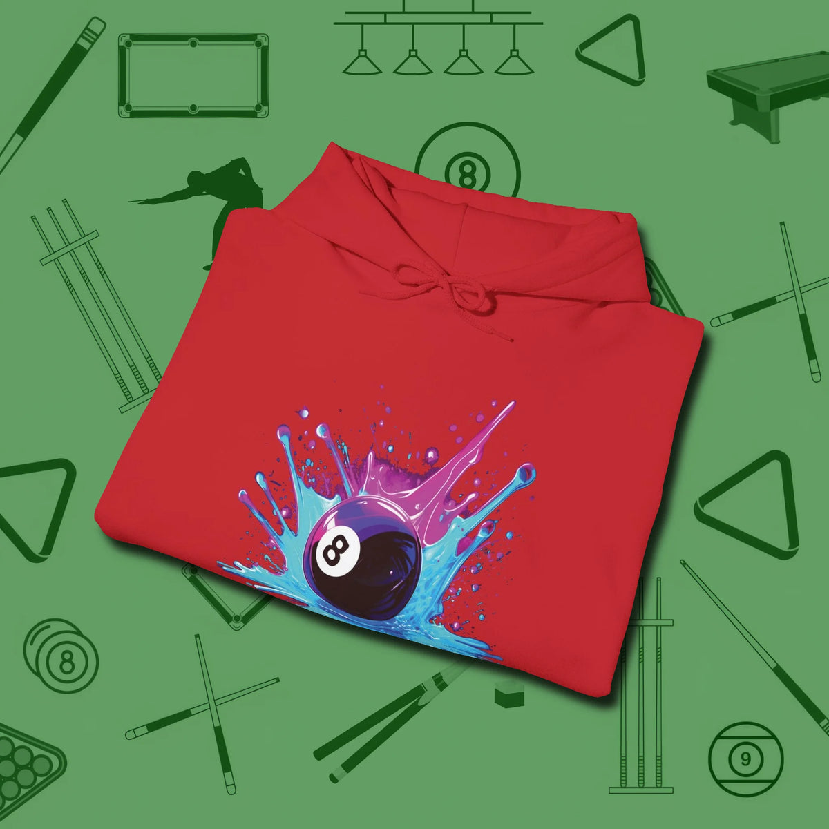 Neon Splash Eight Ball Hoodie, folded view, in Red what champions wear between racks