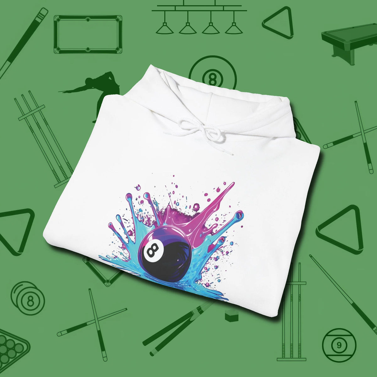 Neon Splash Eight Ball Hoodie, folded view, in White classic cue style, no gimmicks