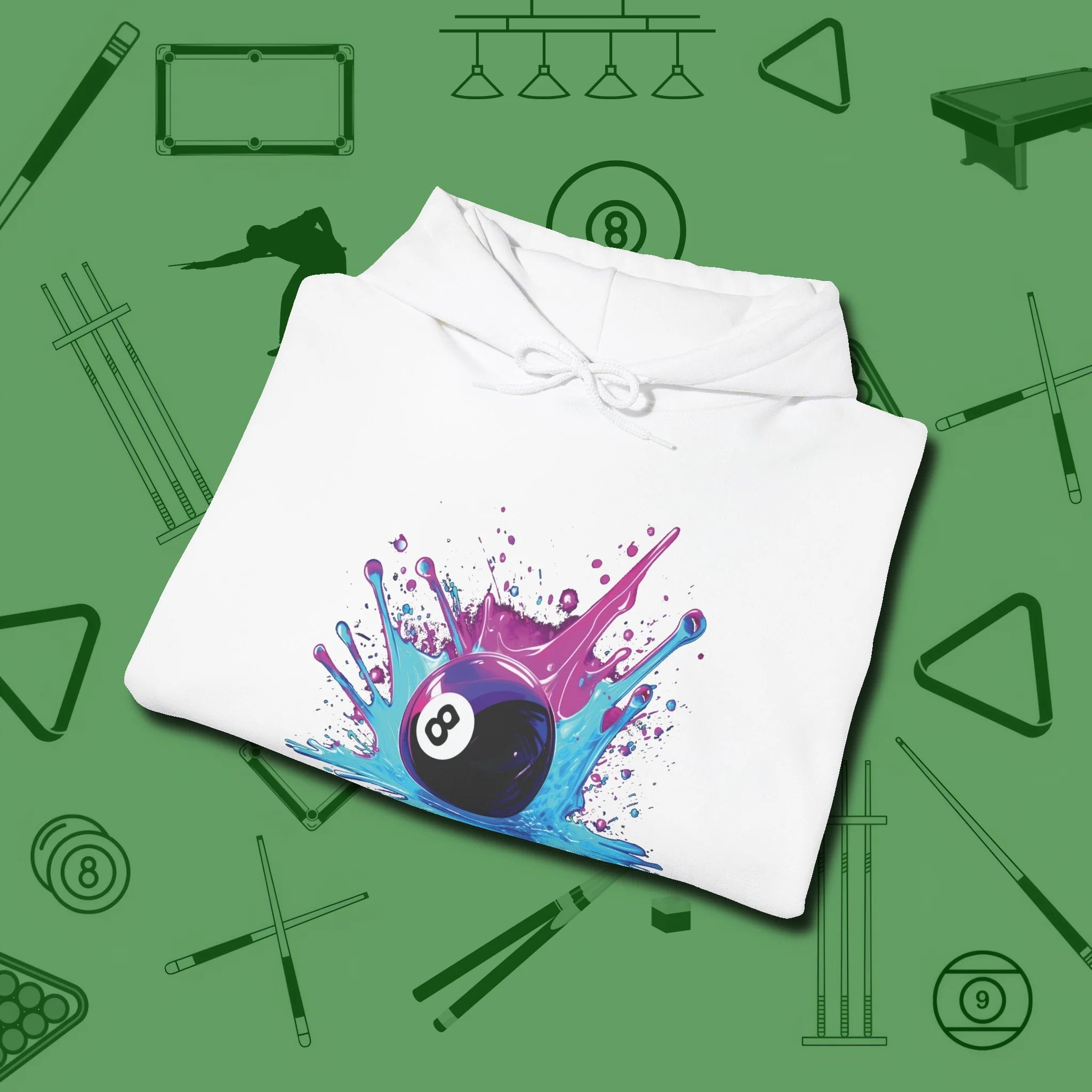 Neon Splash Eight Ball Hoodie, folded view, in White classic cue style, no gimmicks