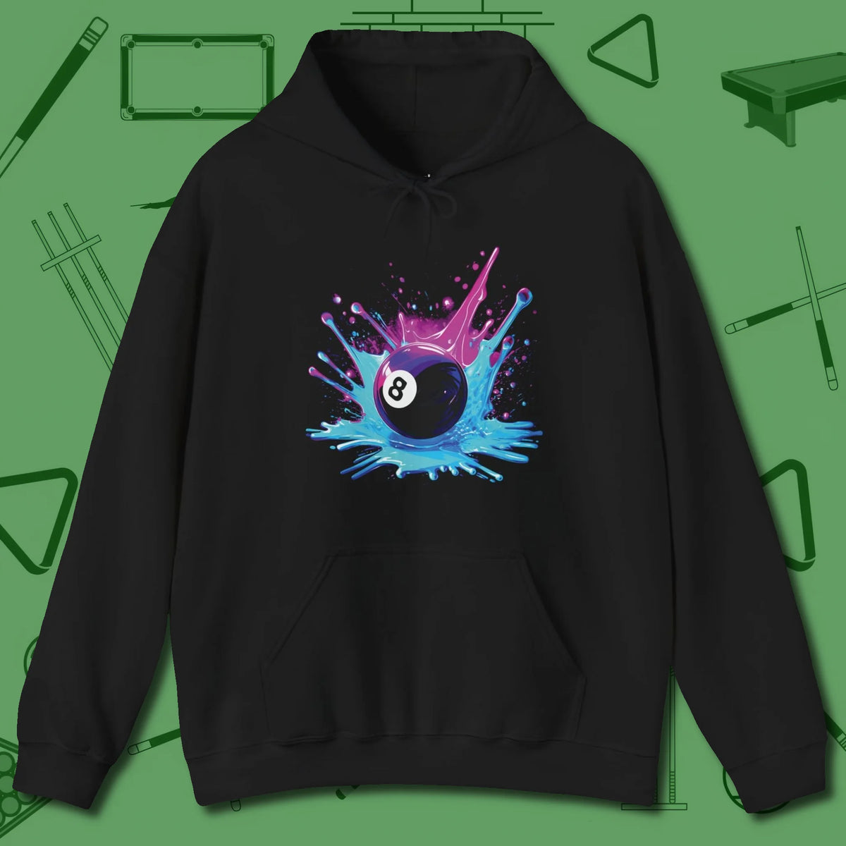 Neon Splash Eight Ball Hoodie, front view, in Black helps your stroke and your style