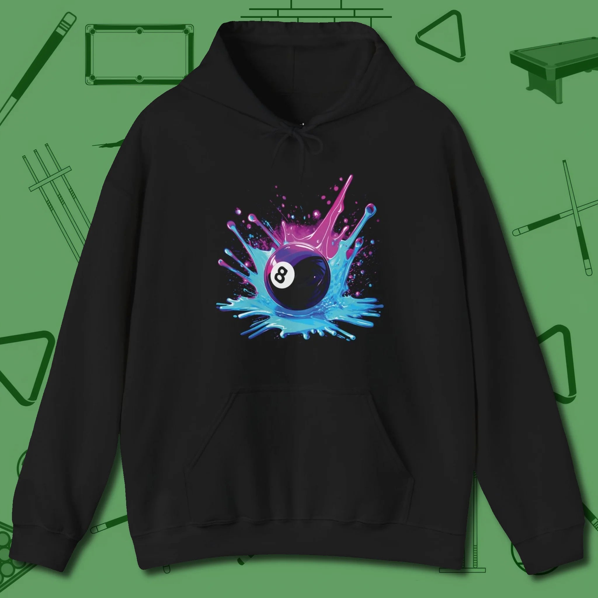 Neon Splash Eight Ball Hoodie, front view, in Black helps your stroke and your style