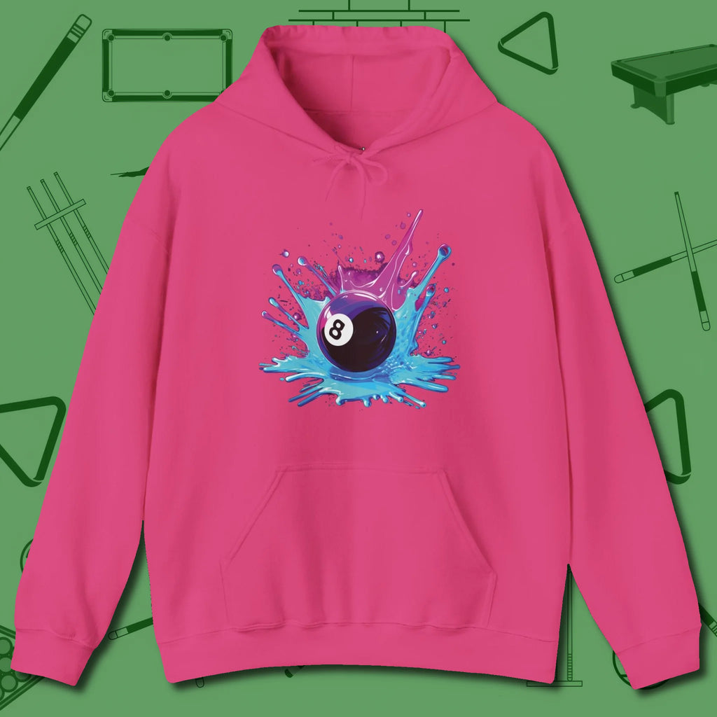 Neon Splash Eight Ball Hoodie, front view, in Heliconia perfect for players with quiet fire