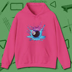 Neon Splash Eight Ball Hoodie, front view, in Heliconia perfect for players with quiet fire