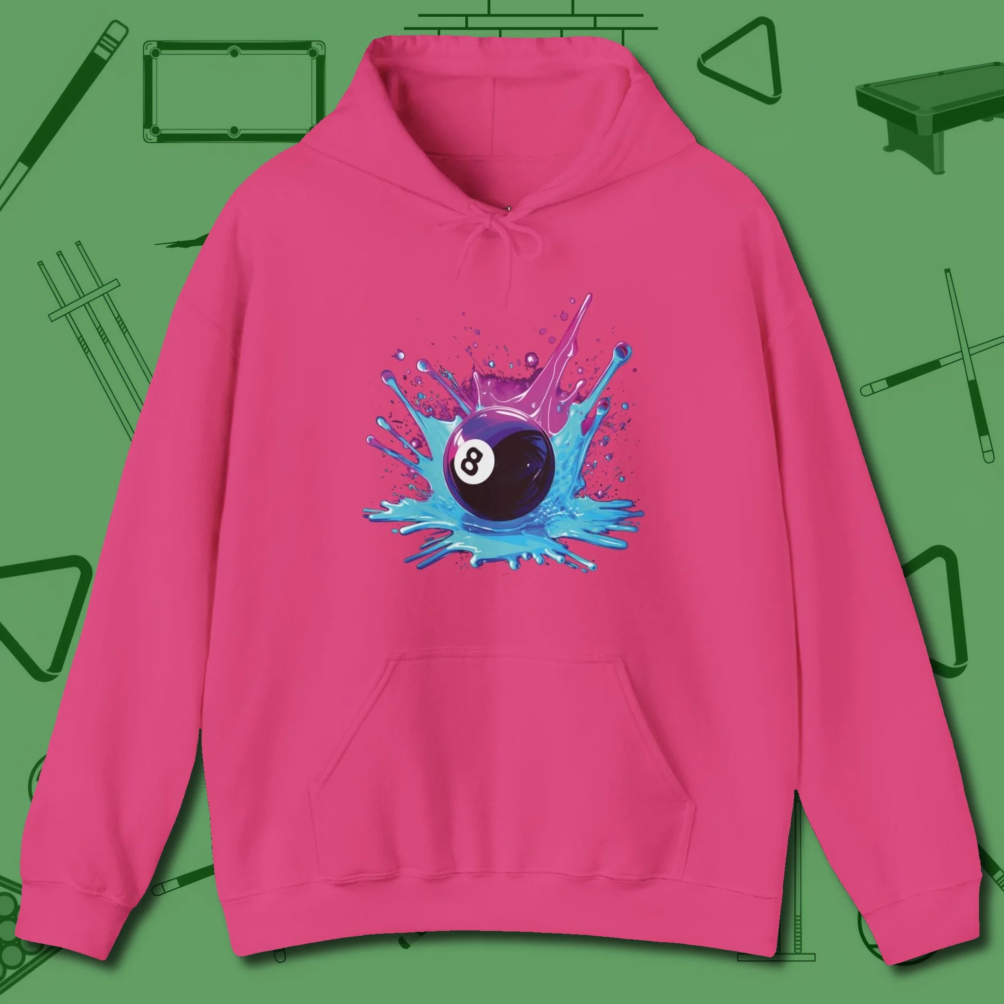 Neon Splash Eight Ball Hoodie, front view, in Heliconia perfect for players with quiet fire