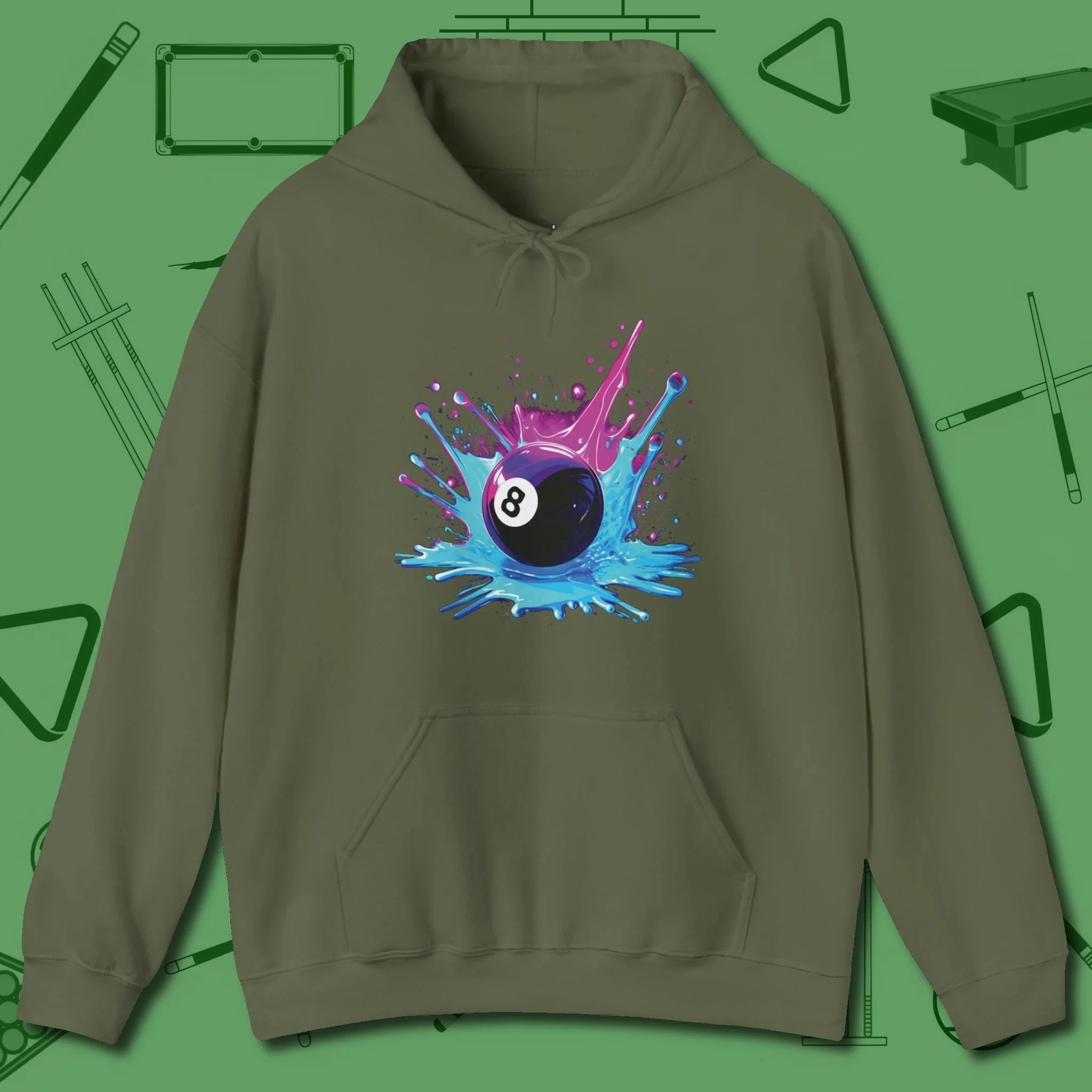 Neon Splash Eight Ball Hoodie, front view, in Military Green what the real shooters wear