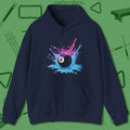 Neon Splash Eight Ball Hoodie, front view, in Navy clean lines for dirty minds