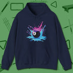 Neon Splash Eight Ball Hoodie, front view, in Navy clean lines for dirty minds