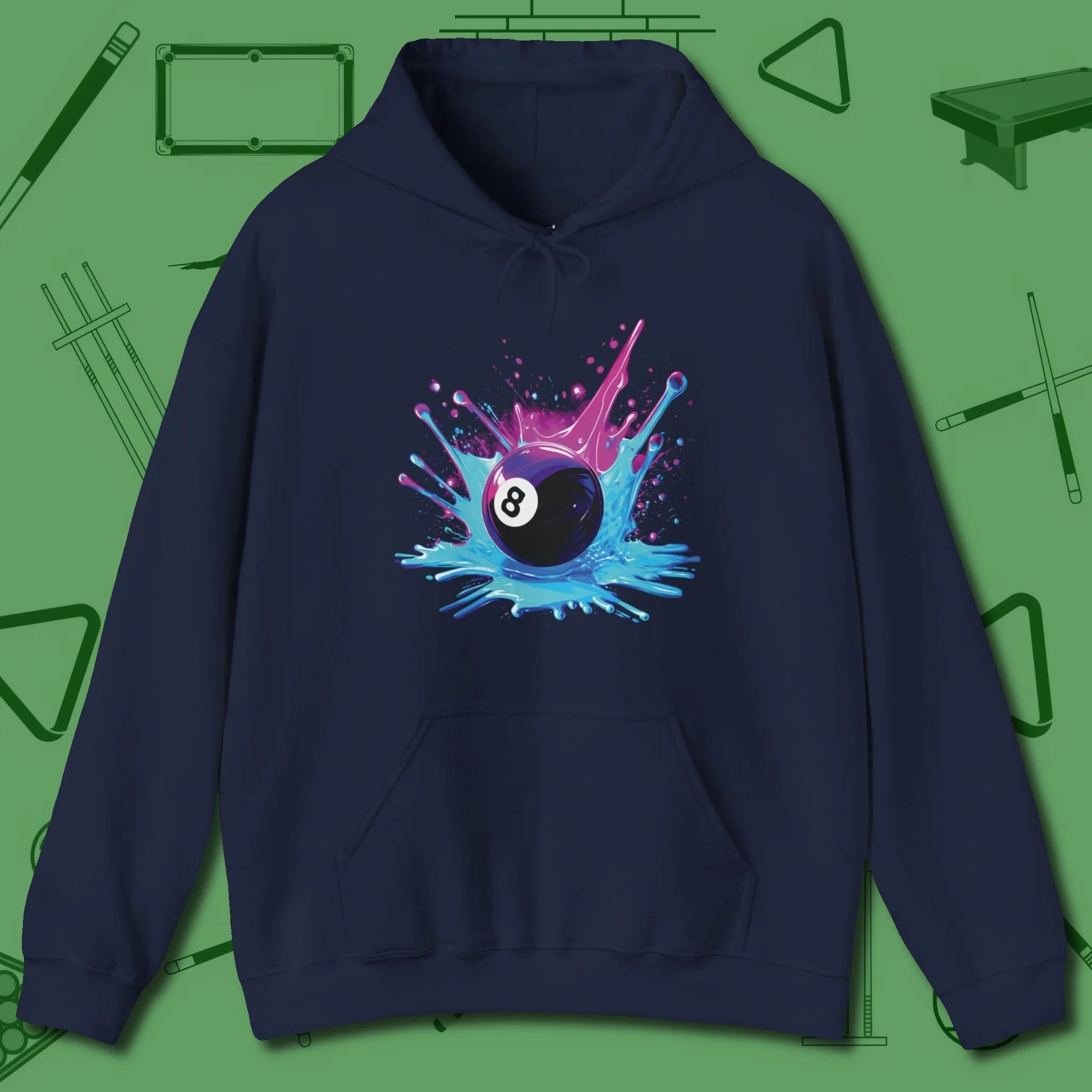 Neon Splash Eight Ball Hoodie, front view, in Navy clean lines for dirty minds