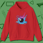 Neon Splash Eight Ball Hoodie, front view, in Red from chalk to clutch, look the part