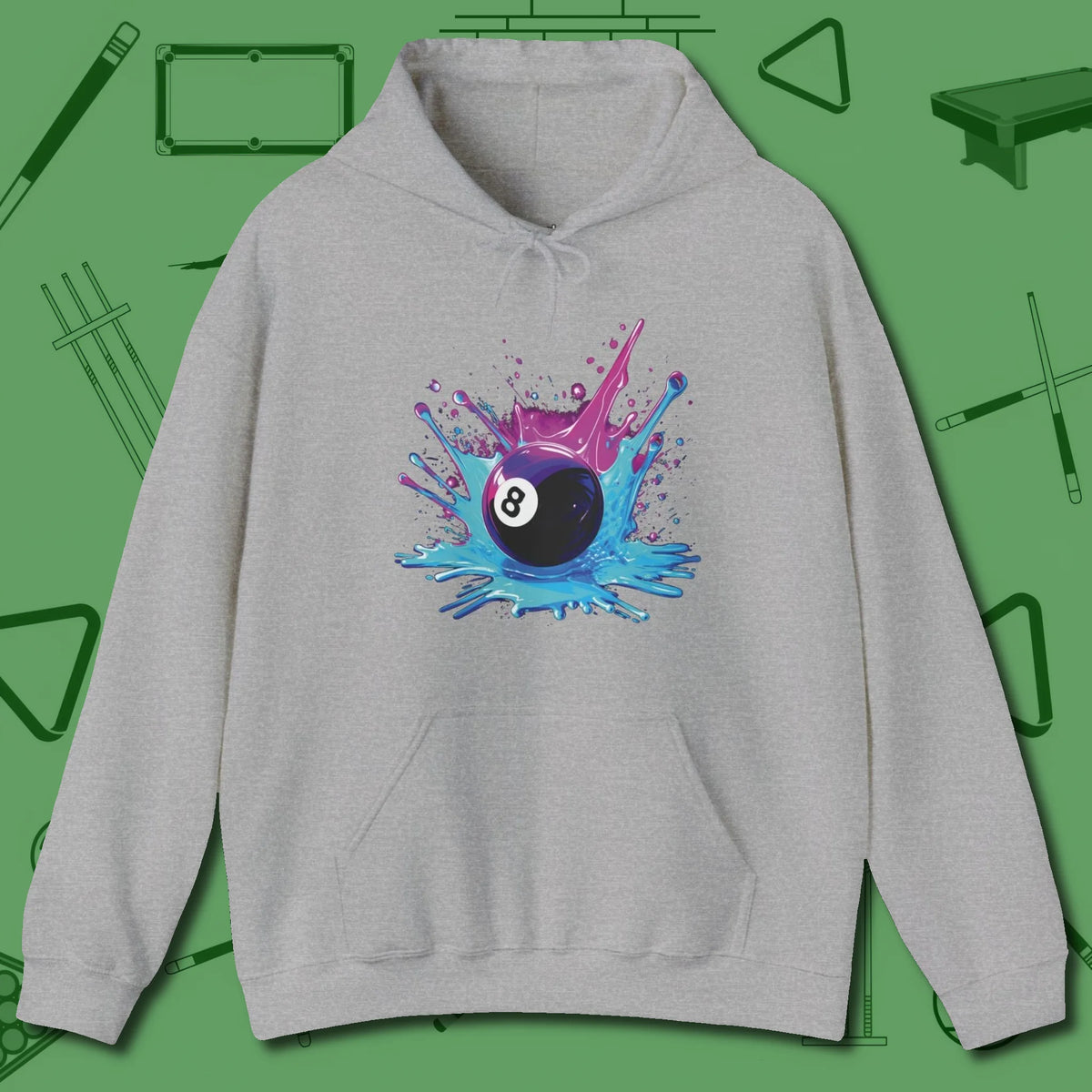 Neon Splash Eight Ball Hoodie, front view, in Sport Grey earns respect before the first shot