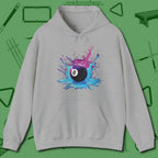 Neon Splash Eight Ball Hoodie, front view, in Sport Grey earns respect before the first shot