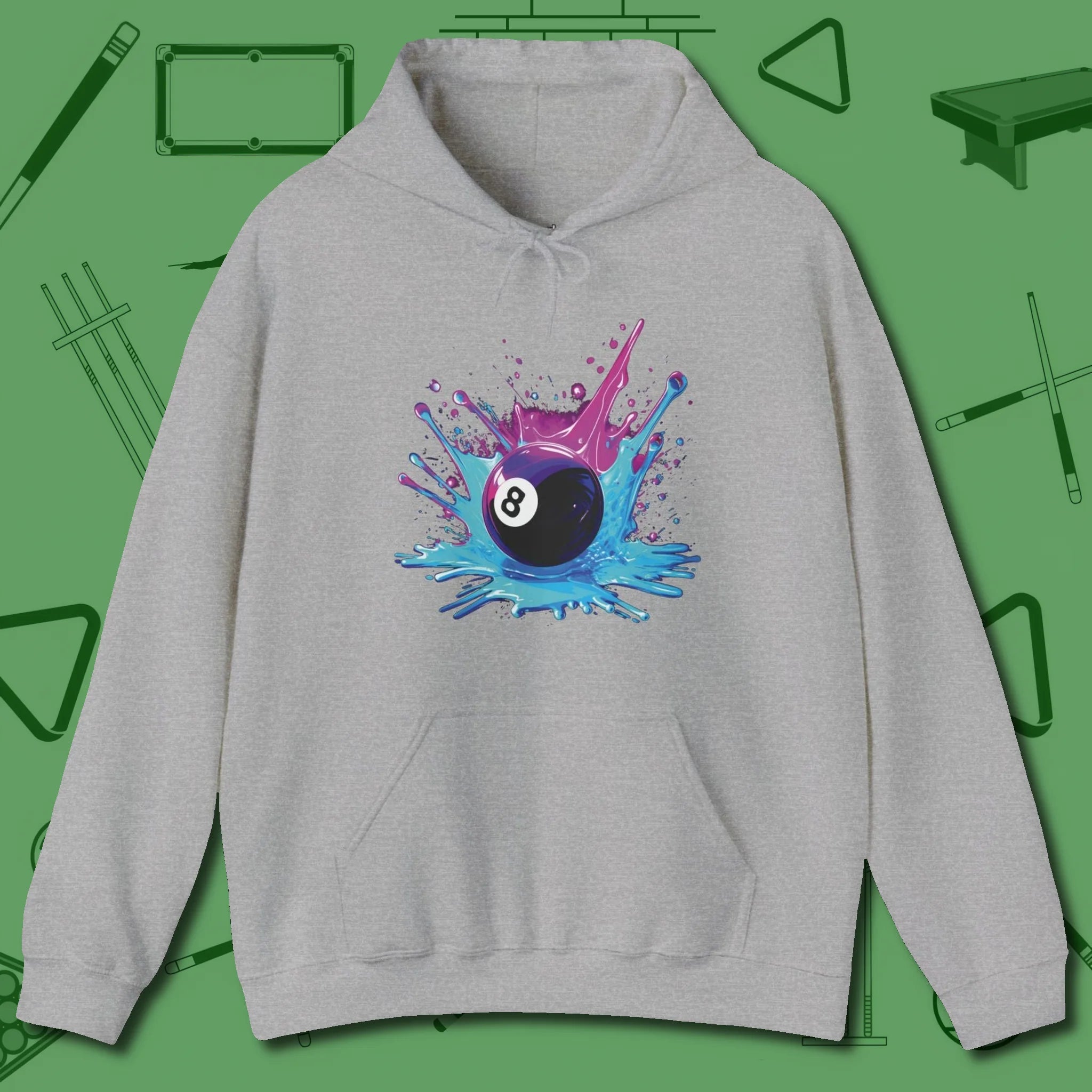 Neon Splash Eight Ball Hoodie, front view, in Sport Grey earns respect before the first shot
