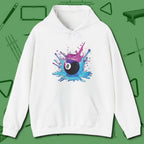 Neon Splash Eight Ball Hoodie, front view, in White the shirt that plays position