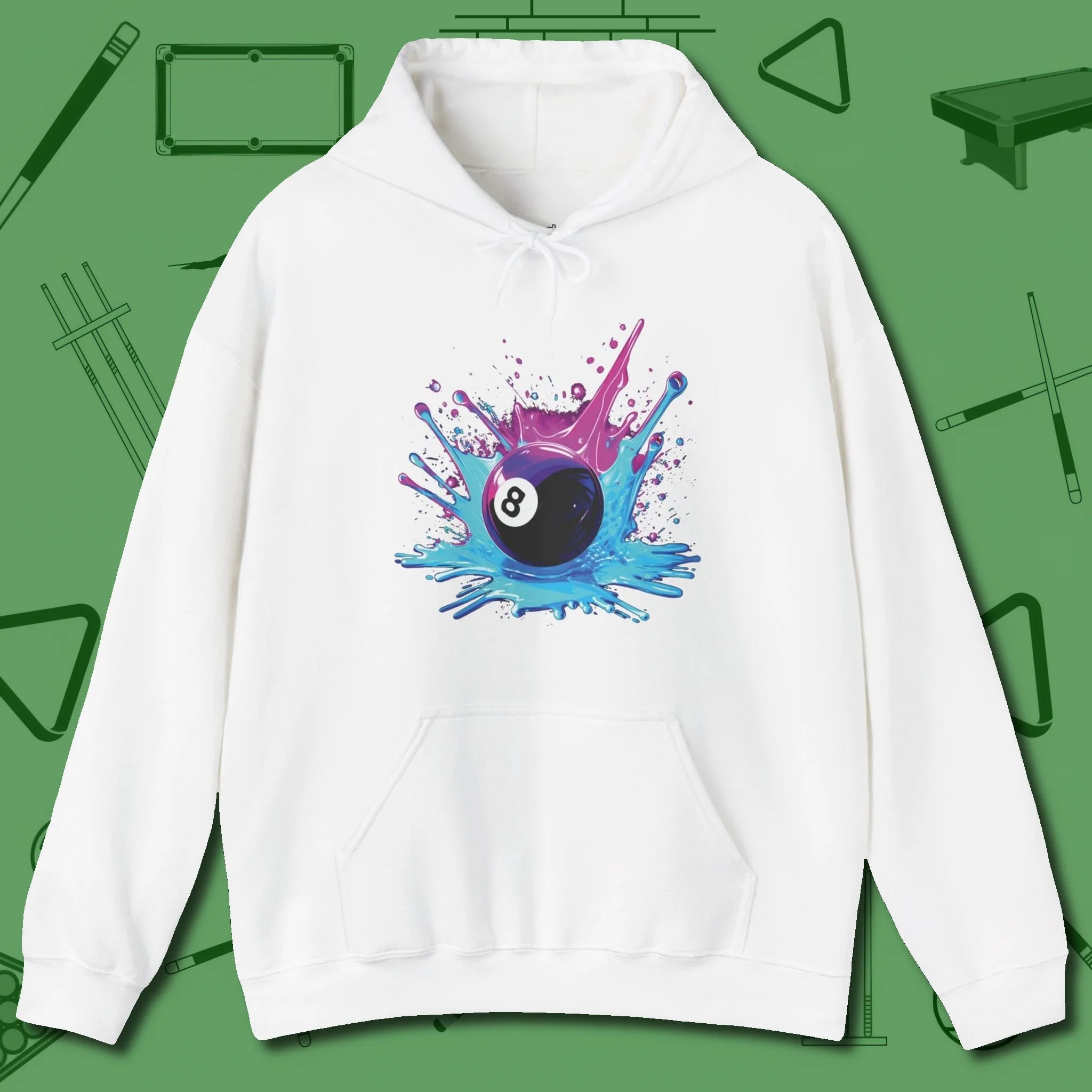 Neon Splash Eight Ball Hoodie, front view, in White the shirt that plays position