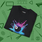 Neon Splash Eight Ball T-Shirt, folded view, in Black helps your stroke and your style