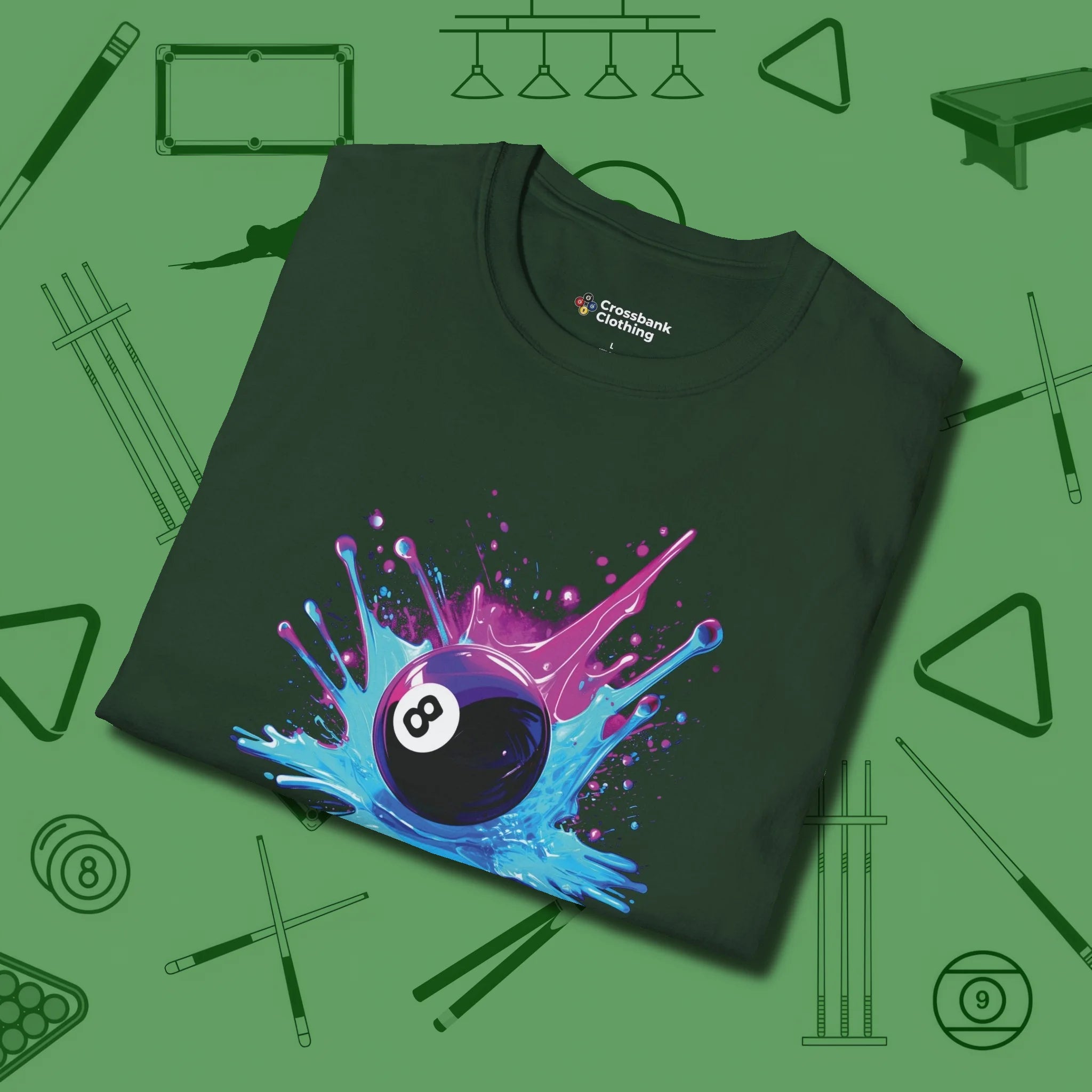 Neon Splash Eight Ball T-Shirt, folded view, in Forest Green look good while calling your pocket