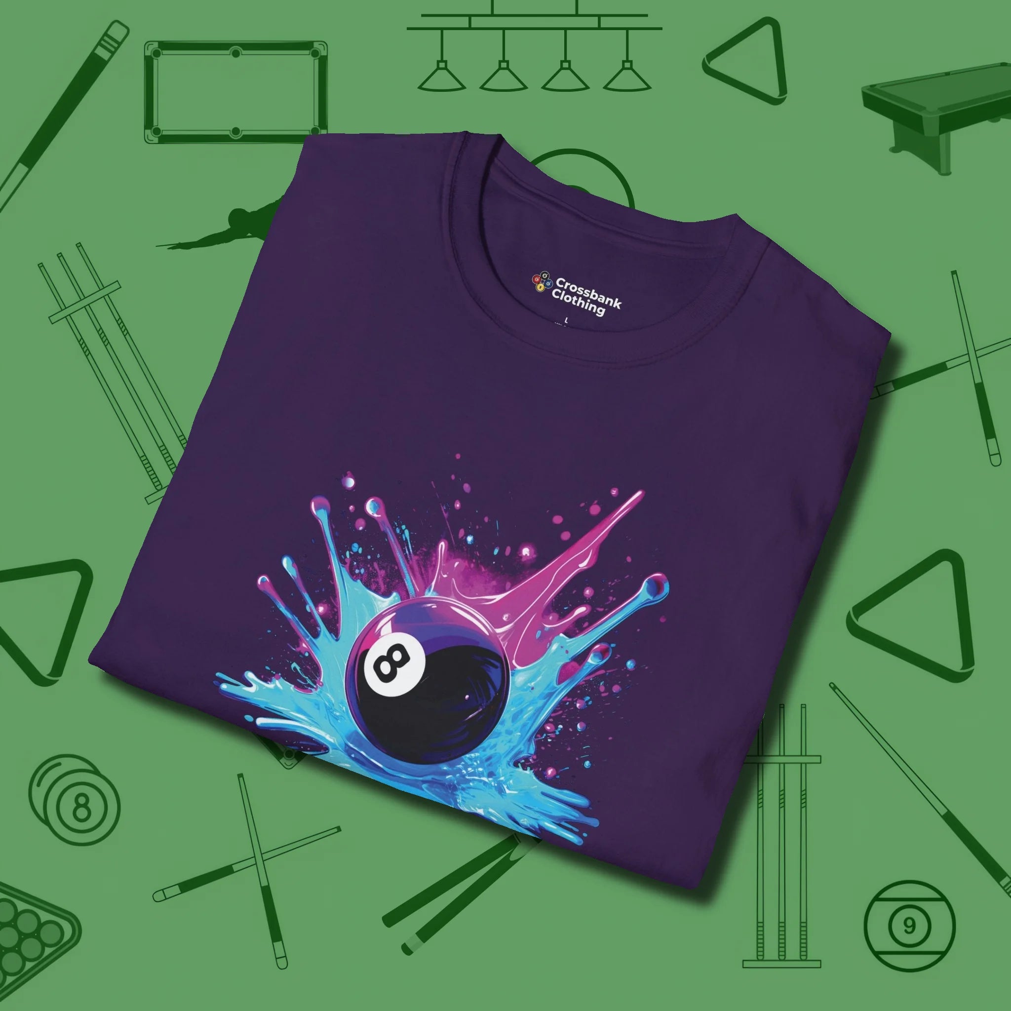 Neon Splash Eight Ball T-Shirt, folded view, in Purple what champions wear between racks