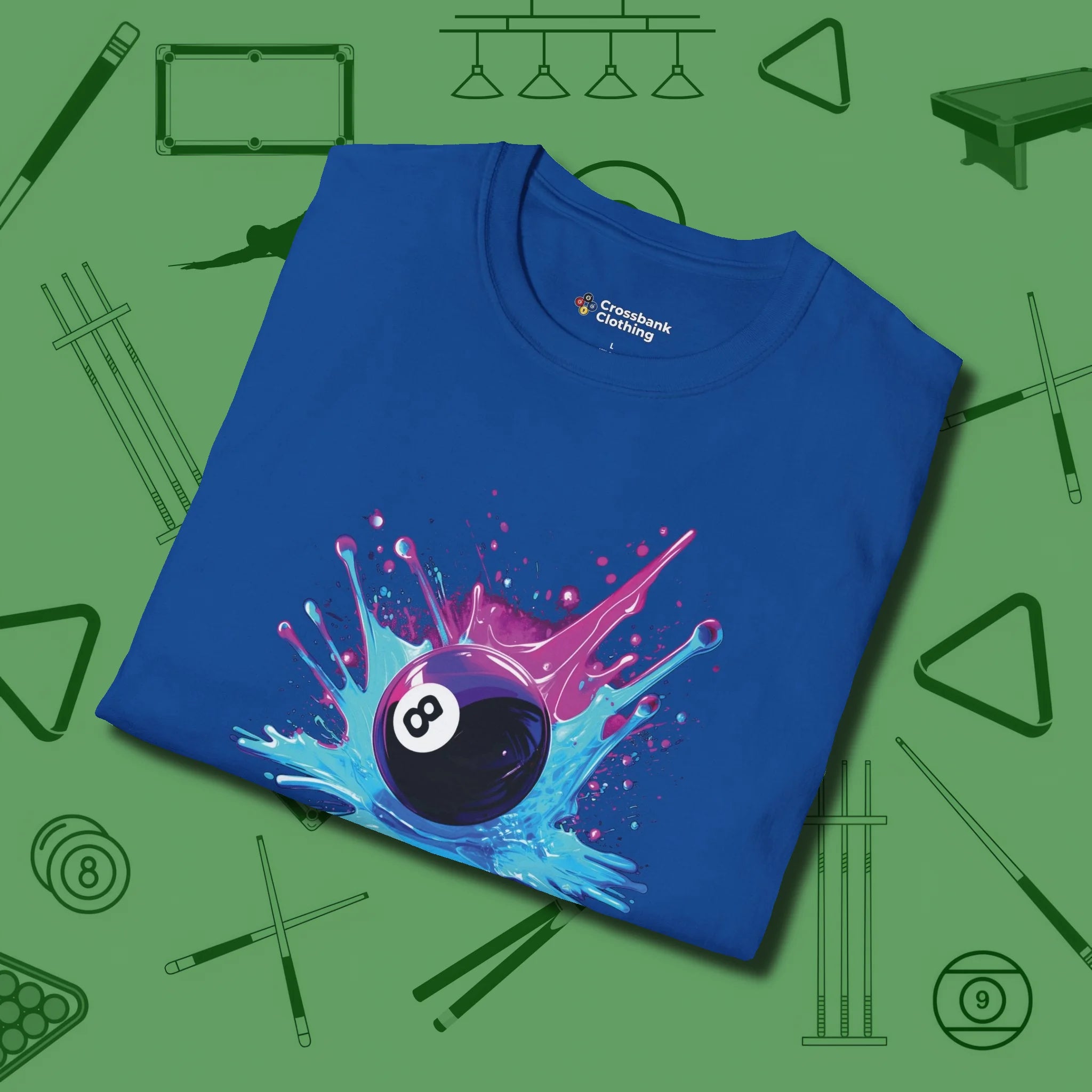 Neon Splash Eight Ball T-Shirt, folded view, in Royal like your stroke — smooth and deliberate