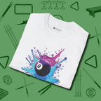 Neon Splash Eight Ball T-Shirt, folded view, in White play in style, win in silence
