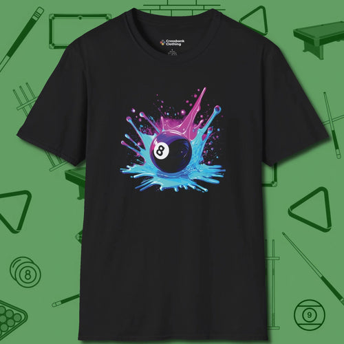 Neon Splash Eight Ball T-Shirt, front view, in Black smart enough for the felt and the street