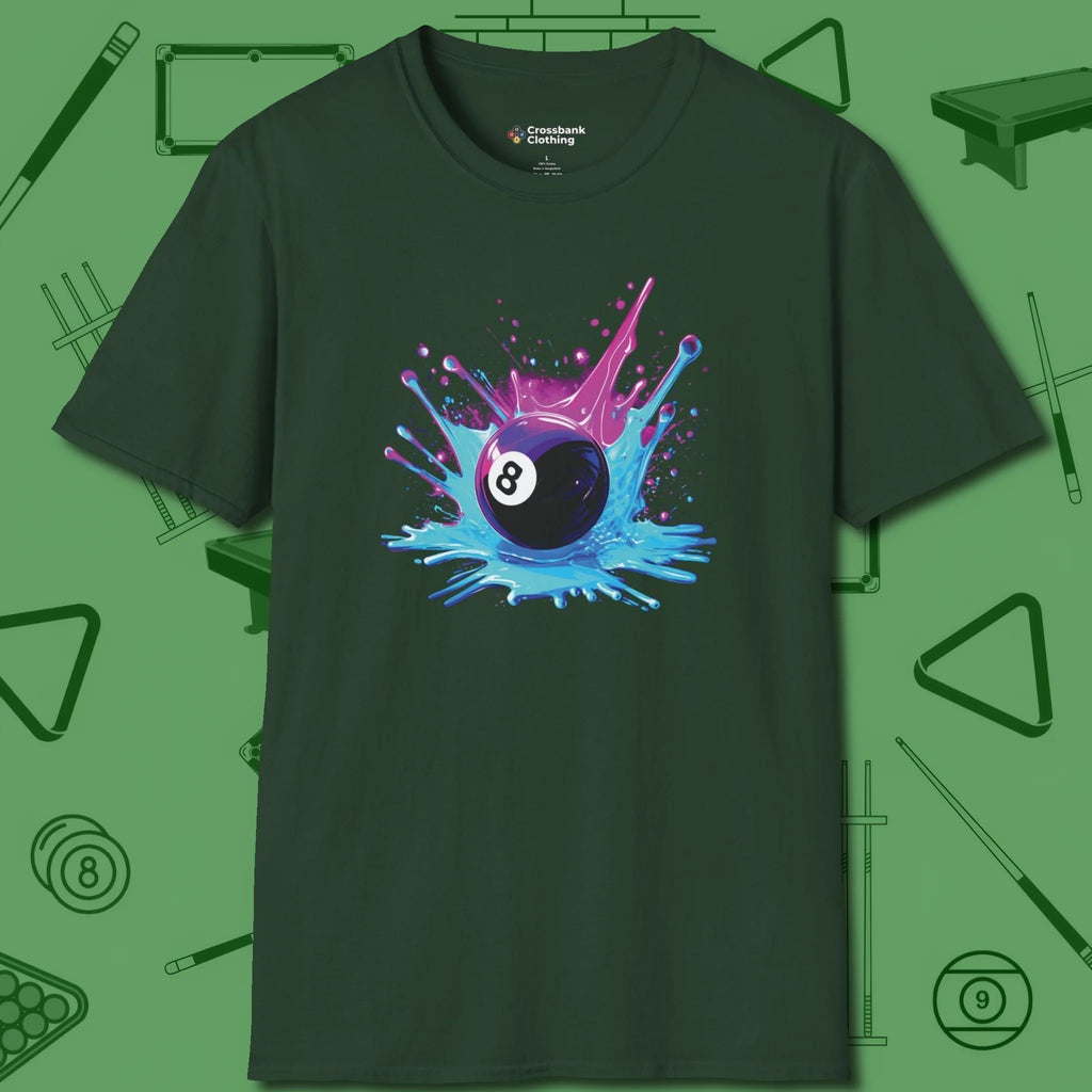 Neon Splash Eight Ball T-Shirt, front view, in Forest Green for hustlers who keep it honest