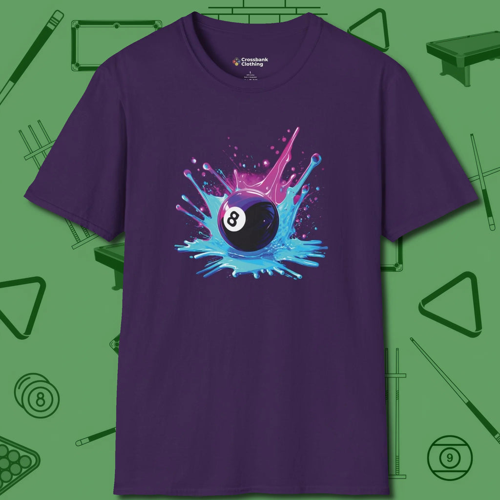 Neon Splash Eight Ball T-Shirt, front view, in Purple strike fear with swagger and precision
