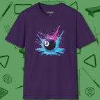 Neon Splash Eight Ball T-Shirt, front view, in Purple strike fear with swagger and precision