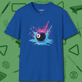 Neon Splash Eight Ball T-Shirt, front view, in Royal made for pool sharks, not posers