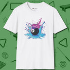 Neon Splash Eight Ball T-Shirt, front view, in White made for pool sharks, not posers