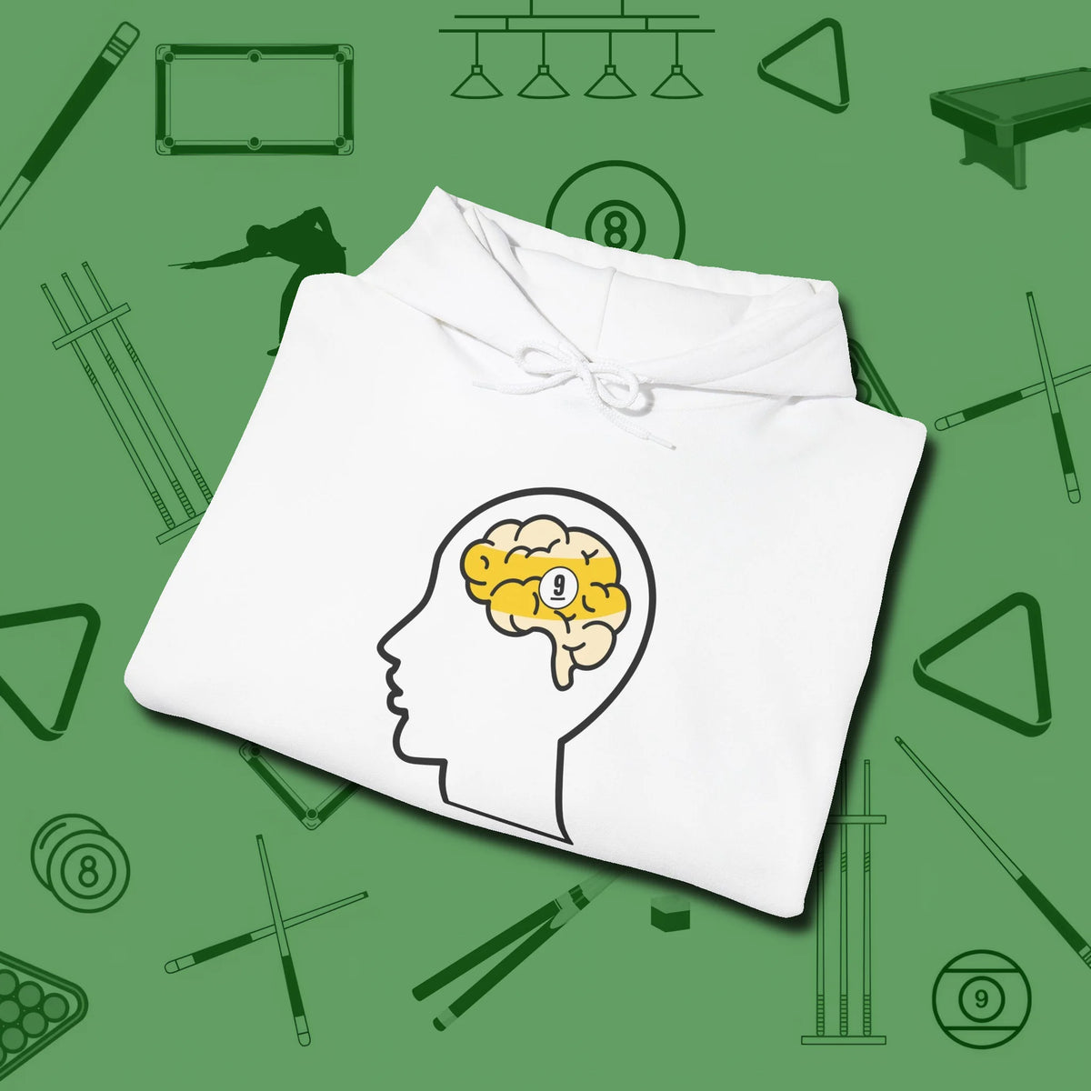 Nine Ball Brain Hoodie, folded view, in White what the real shooters wear
