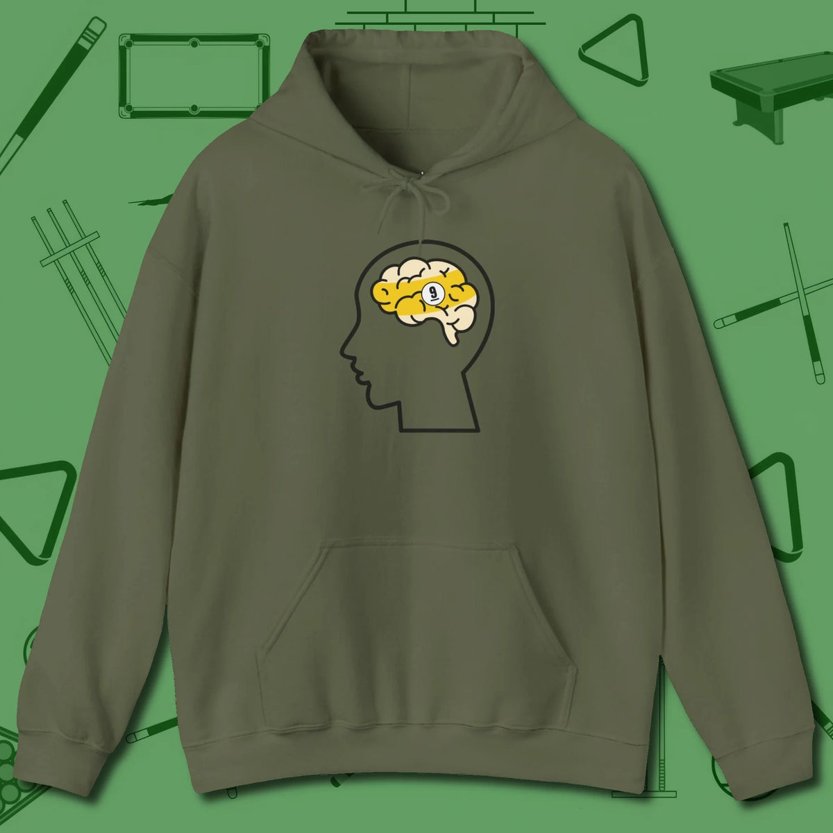Nine Ball Brain Hoodie, front view, in Military Green the official uniform of the after-hours crew