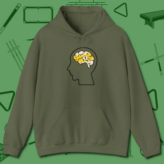 Nine Ball Brain Hoodie, front view, in Military Green the official uniform of the after-hours crew