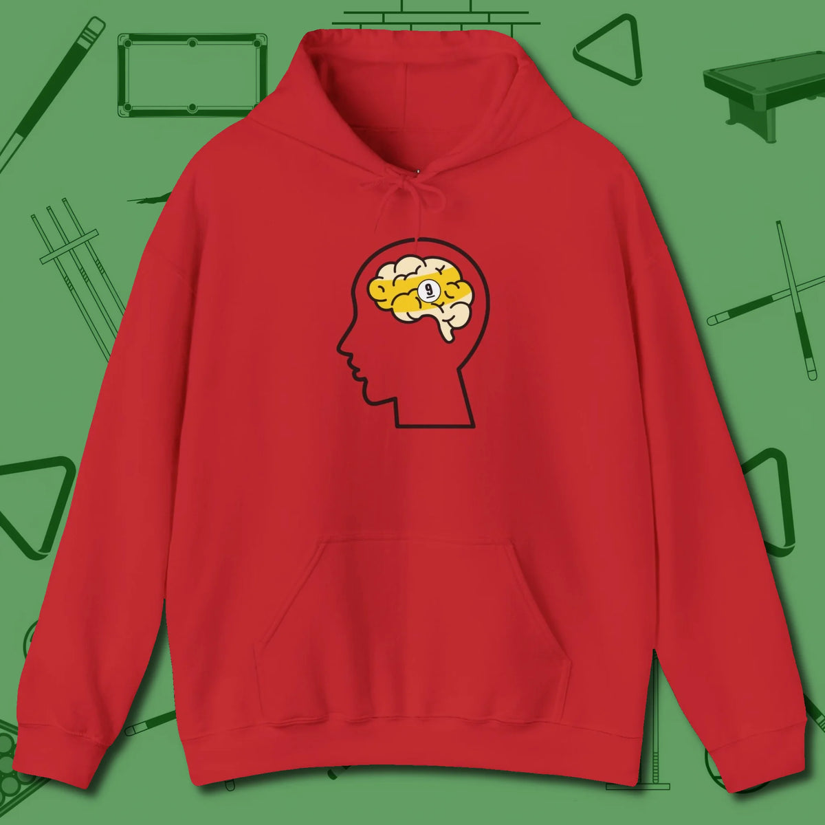 Nine Ball Brain Hoodie, front view, in Red it’s not a hobby — it’s a lifestyle