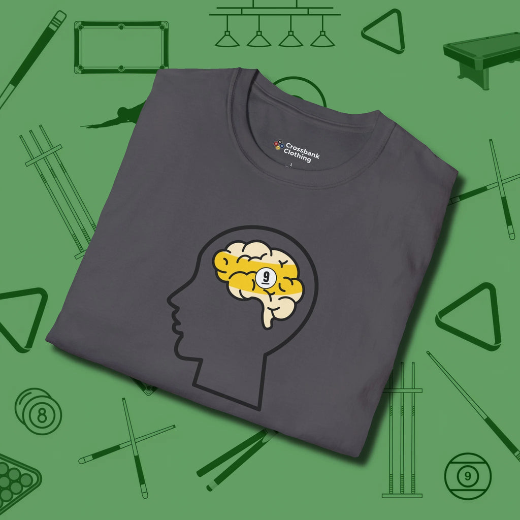 Nine Ball Brain T-Shirt, folded view, in Charcoal because the table is your battlefield