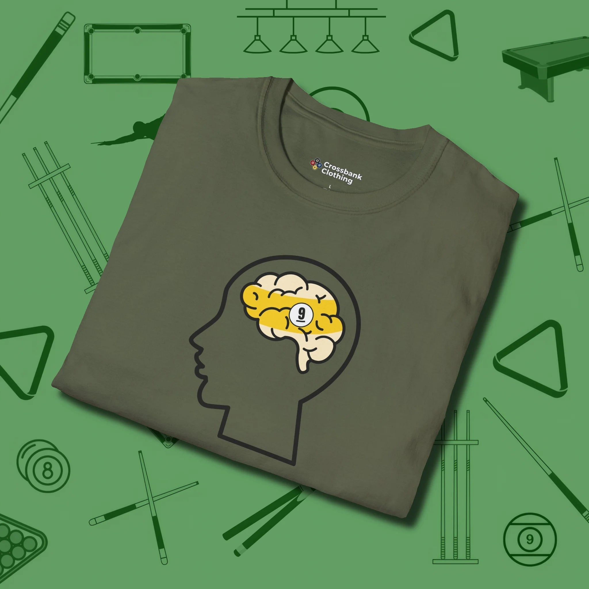 Nine Ball Brain T-Shirt, folded view, in Military Green designed for dead stroke and deadpan looks