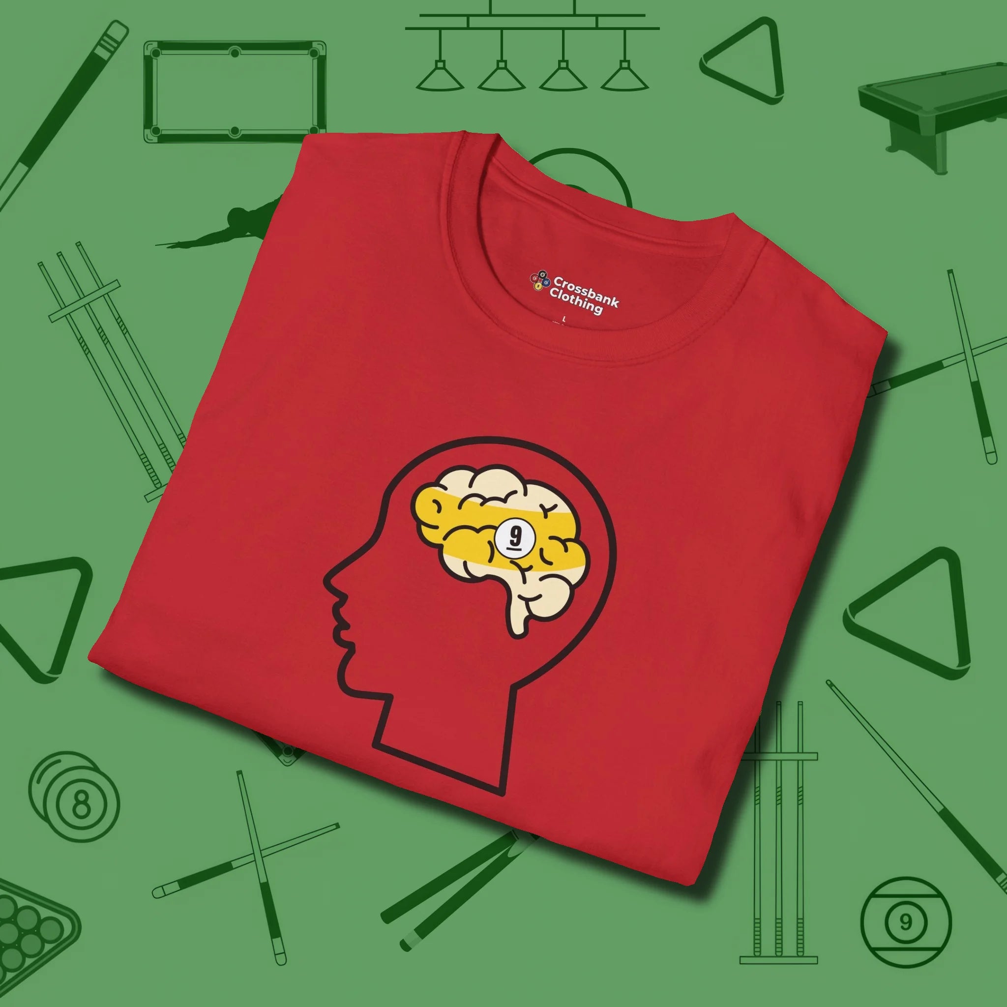 Nine Ball Brain T-Shirt, folded view, in Red strike fear with swagger and precision