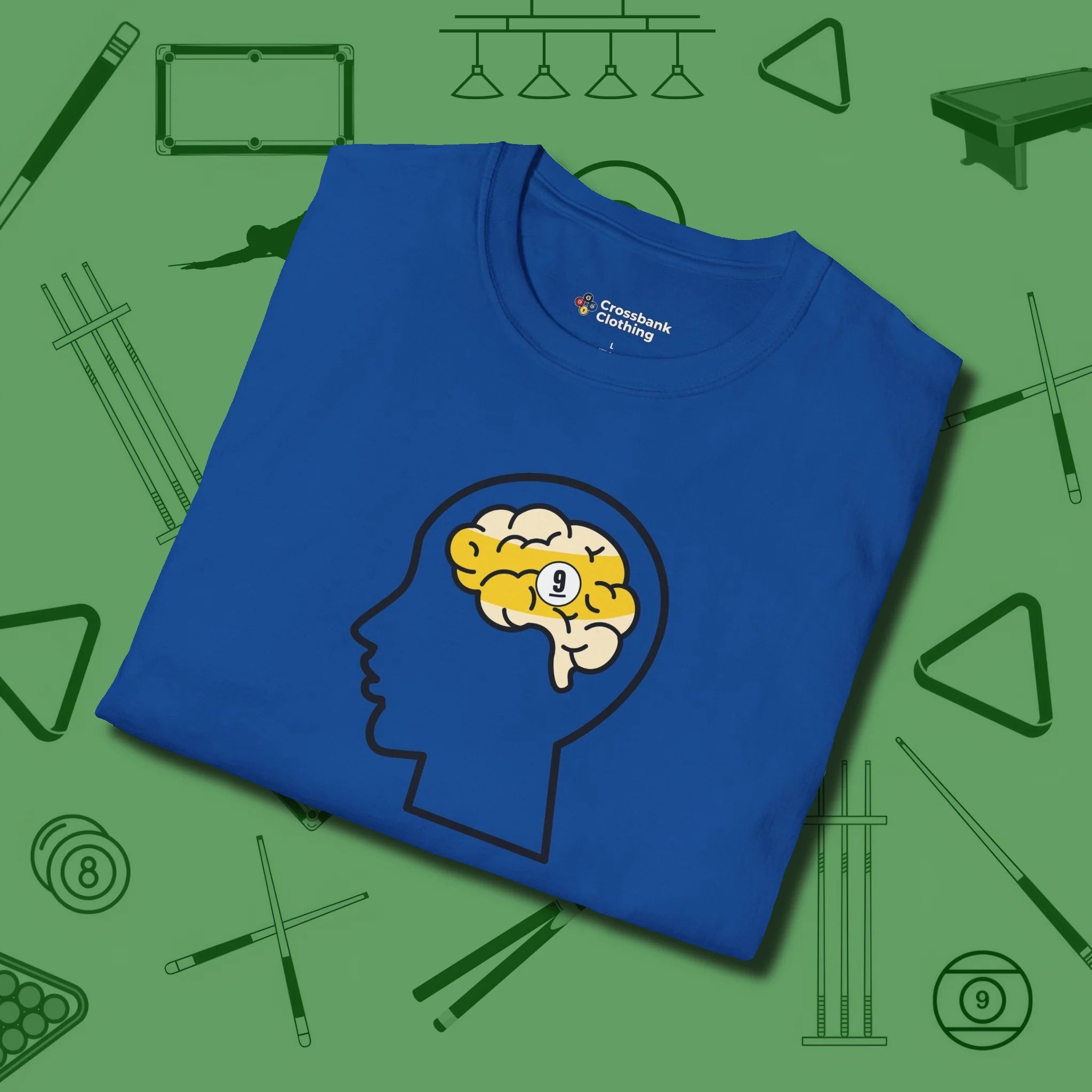 Nine Ball Brain T-Shirt, folded view, in Royal look good while calling your pocket