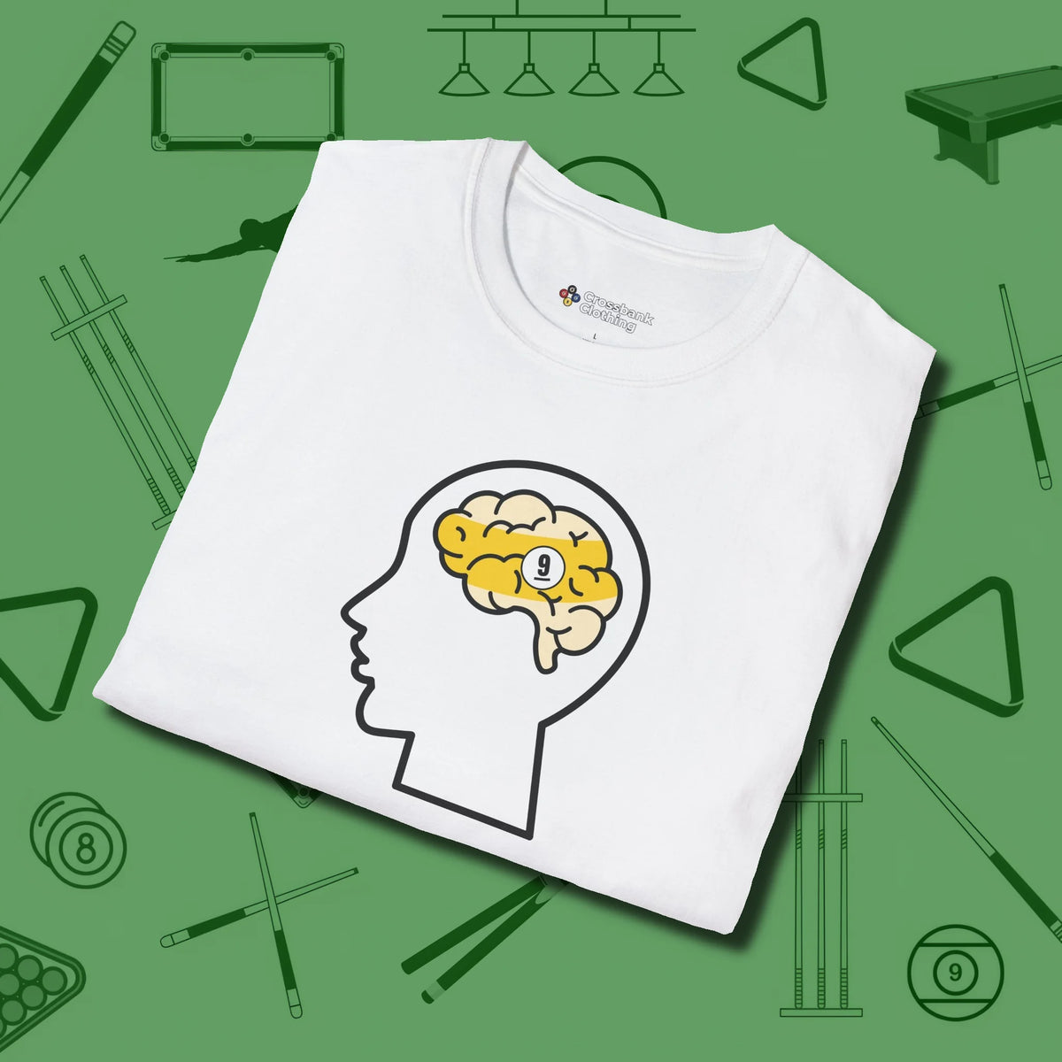 Nine Ball Brain T-Shirt, folded view, in White the official uniform of the after-hours crew