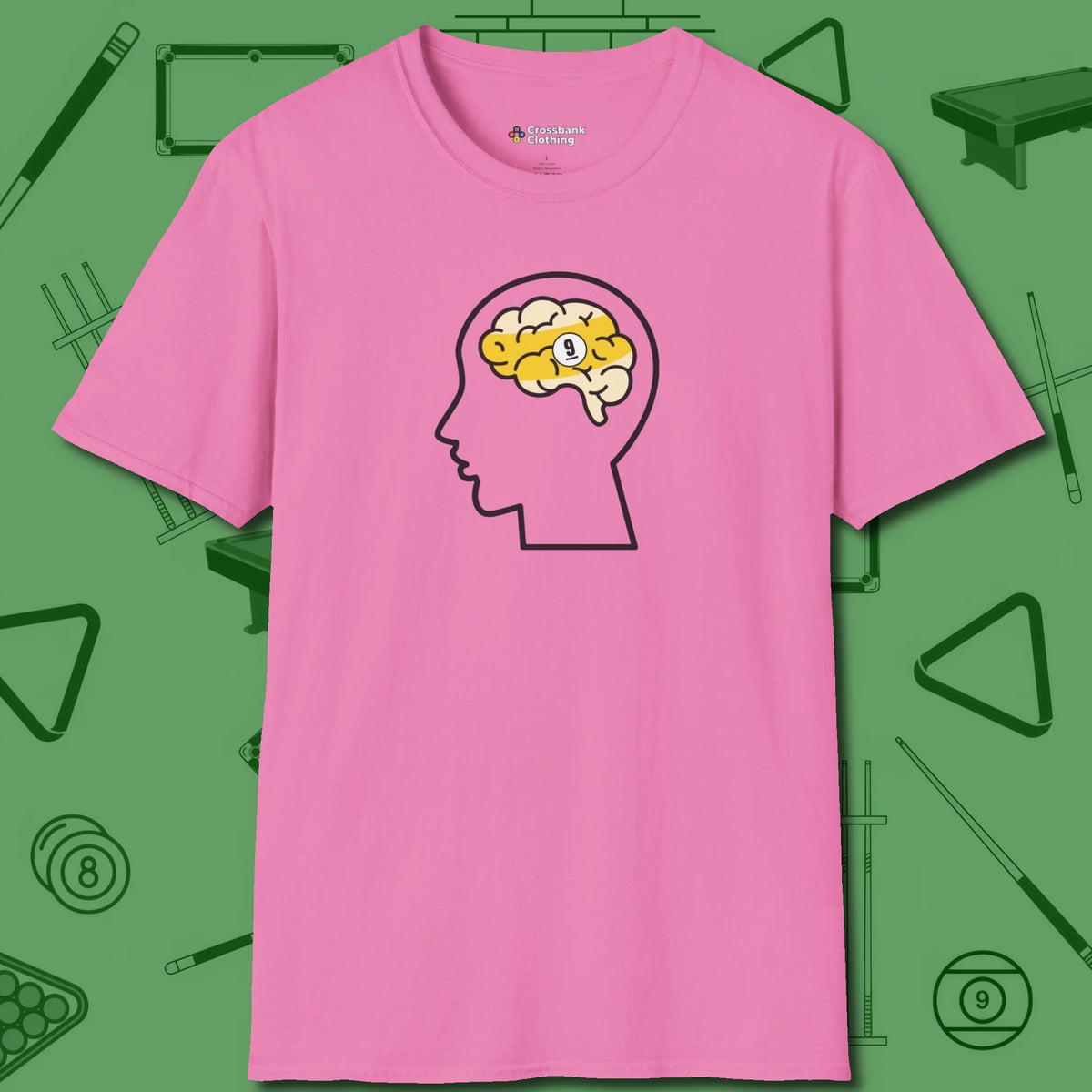 Nine Ball Brain T-Shirt, front view, in Azalea because you don’t just play — you represent