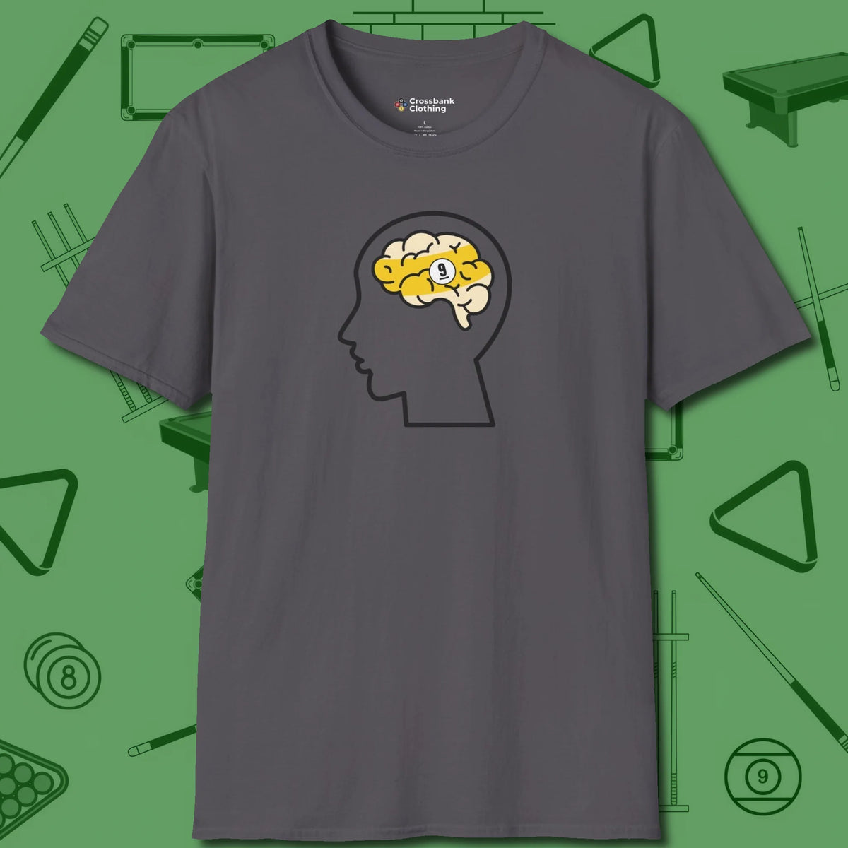 Nine Ball Brain T-Shirt, front view, in Charcoal put your best game on display