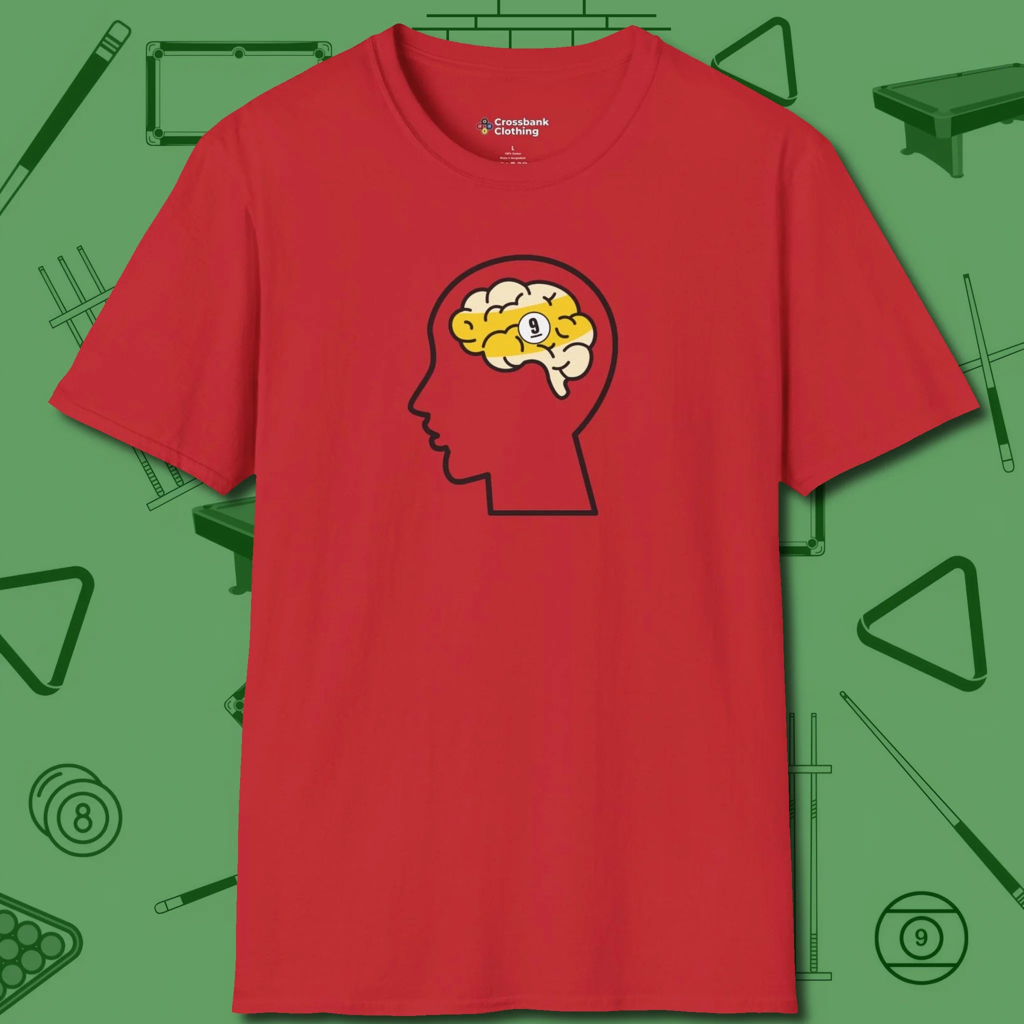 Nine Ball Brain T-Shirt, front view, in Red like your stroke — smooth and deliberate