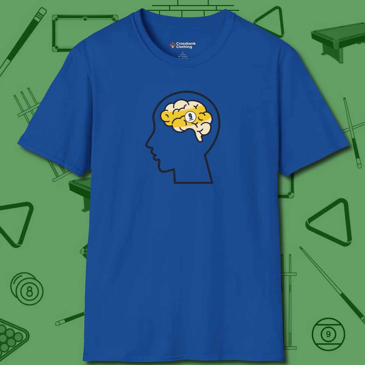 Nine Ball Brain T-Shirt, front view, in Royal your go-to shirt for league night victories