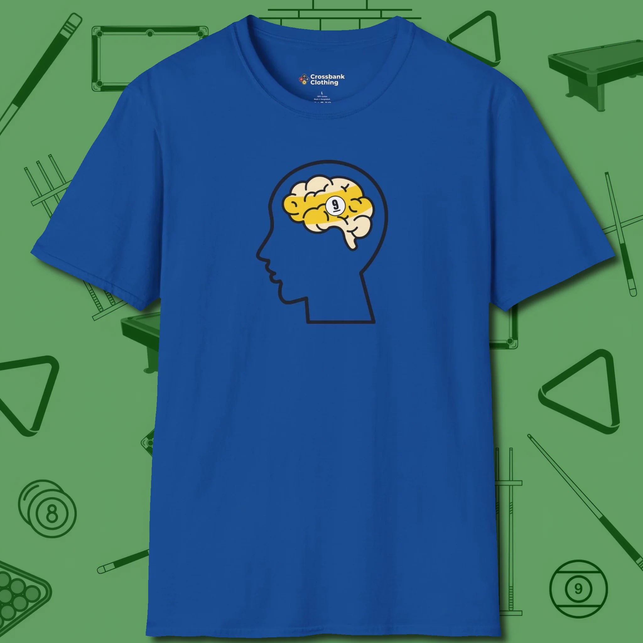 Nine Ball Brain T-Shirt, front view, in Royal your go-to shirt for league night victories