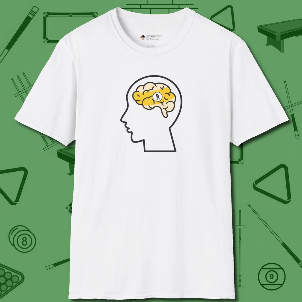Nine Ball Brain T-Shirt, front view, in White break, run out, turn heads — repeat